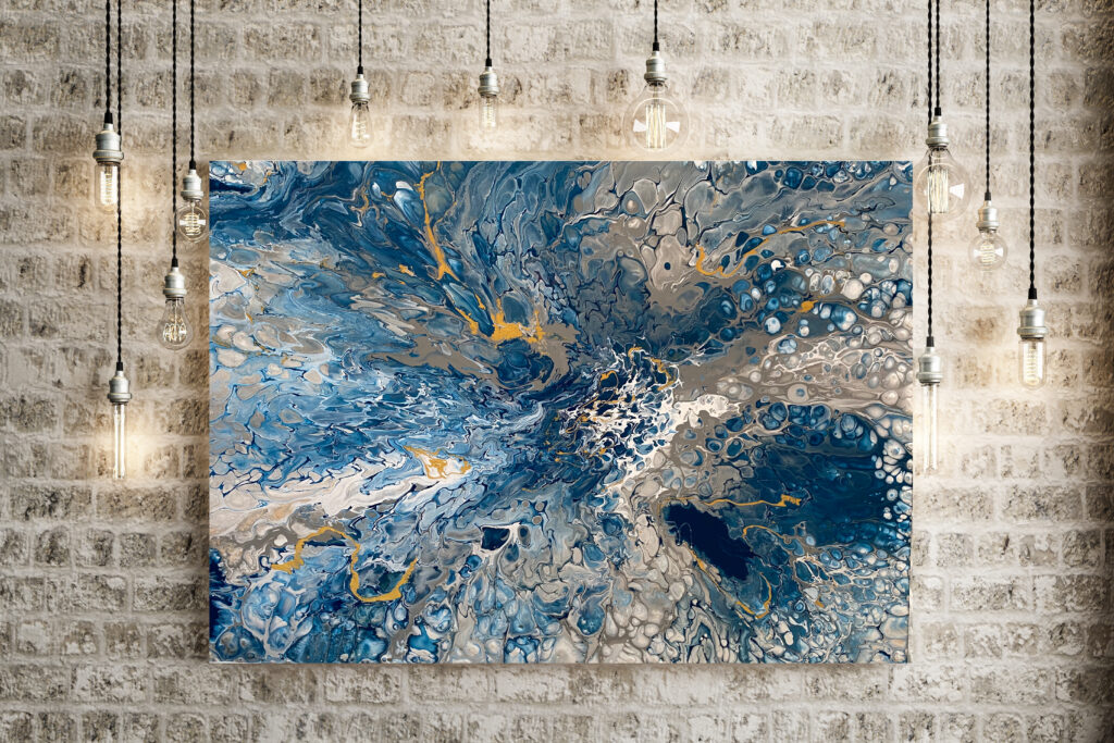 Blue acrylic painting on brick wall